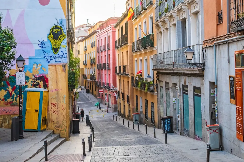 Colorful historic homes in Madrid, Spain.